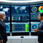 A diverse group of professional scientists and engineers, fully clothed in modest business suits and appropriate attire, engaged in a serious discussion within a futuristic, clean energy control room. Large holographic screens display complex climate data visualizations, abstract diagrams of stratospheric aerosol injection, and intricate schematics of direct air capture facilities. The atmosphere is contemplative, reflecting the profound global dilemma of climate intervention. The subjects exhibit perfect anatomy, correct proportions, and natural poses, with well-formed hands and proper finger count. The scene is well-lit, high-resolution, professional photography, appropriate content, safe for work, family-friendly.
