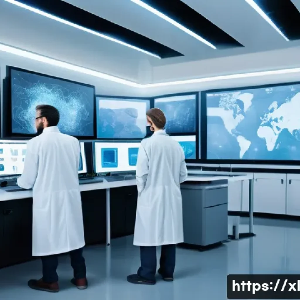 기후 엔지니어링 기술의 안전성과 윤리 - A futuristic research laboratory scene showing scientists and engineers monitoring climate engineeri...