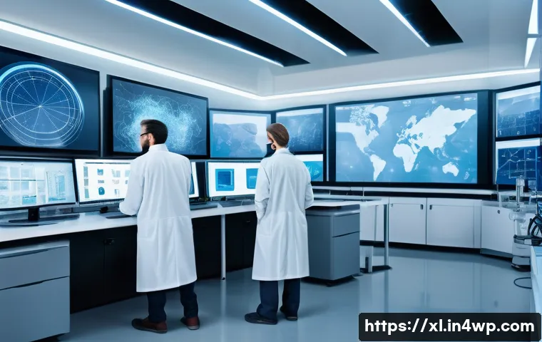 기후 엔지니어링 기술의 안전성과 윤리 - A futuristic research laboratory scene showing scientists and engineers monitoring climate engineeri...