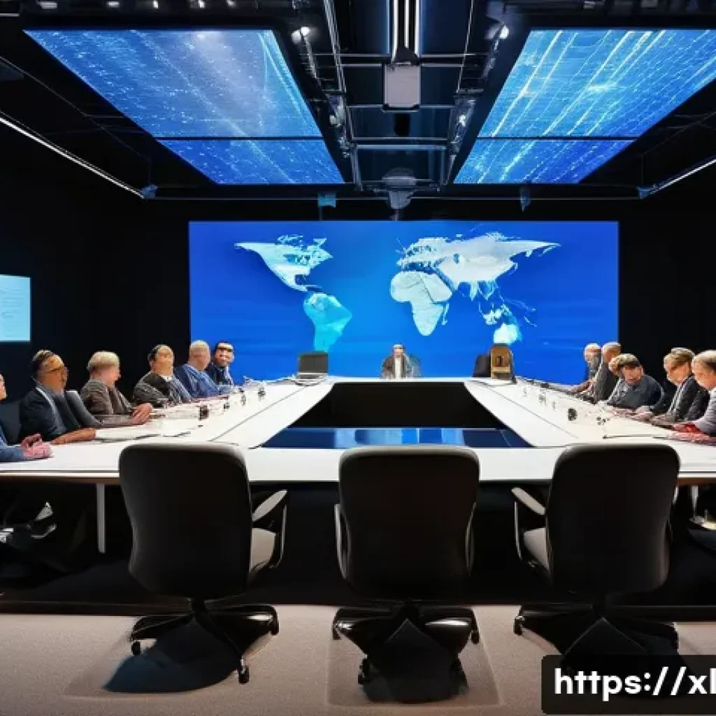 기후 엔지니어링의 다국적 접근과 윤리적 고려 - A futuristic international conference room scene showing diverse global leaders and scientists colla...