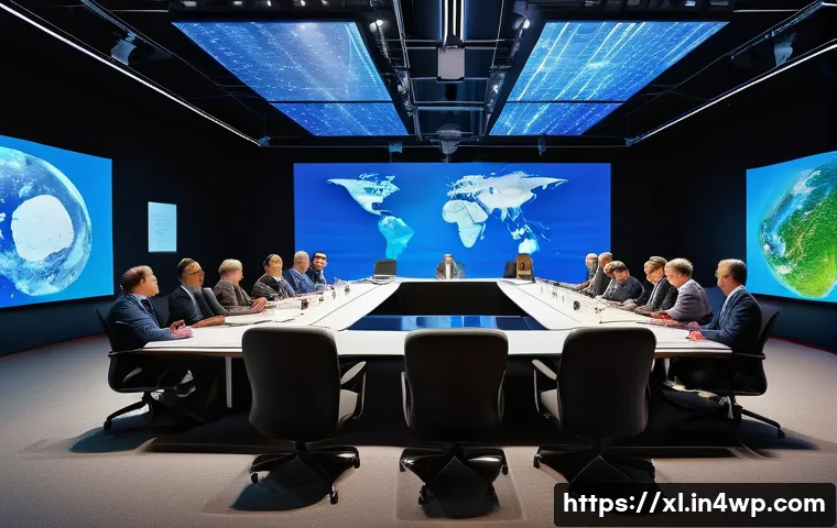 기후 엔지니어링의 다국적 접근과 윤리적 고려 - A futuristic international conference room scene showing diverse global leaders and scientists colla...