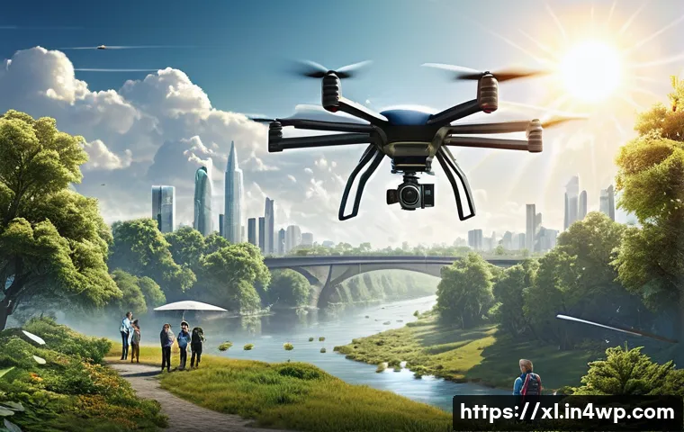 기후 엔지니어링의 윤리적 갈등 해결 방안 - A futuristic cityscape illustrating climate engineering in action: massive drones dispersing reflect...