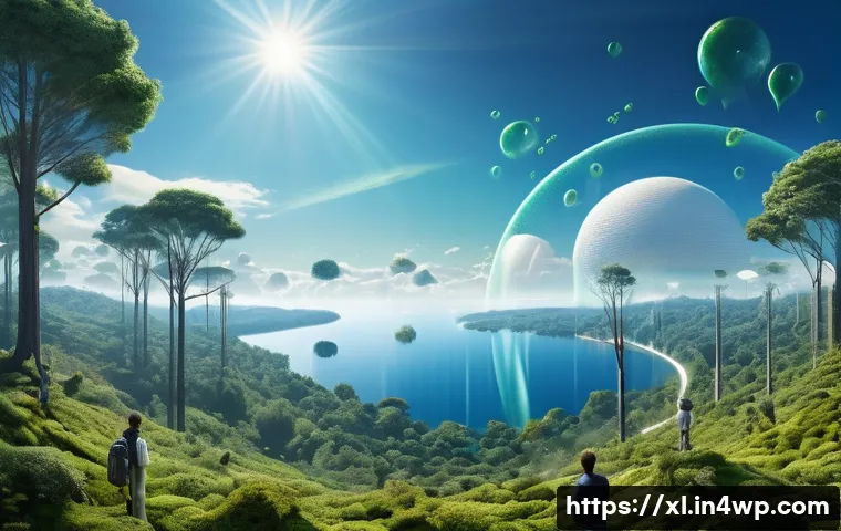 기후 엔지니어링 과학과 윤리의 경계 - A futuristic landscape depicting solar radiation management technology in action: a vast sky filled ...
