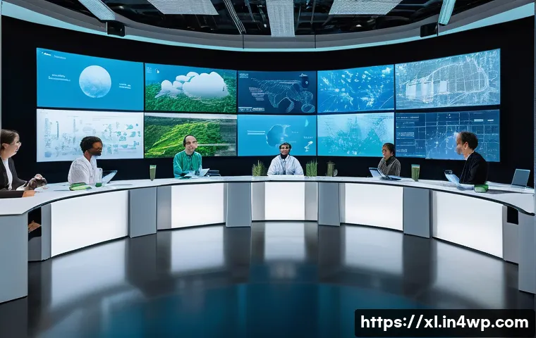 기후 엔지니어링의 실행 과정에서의 윤리 - A futuristic laboratory setting showcasing diverse engineers and scientists collaborating on climate...