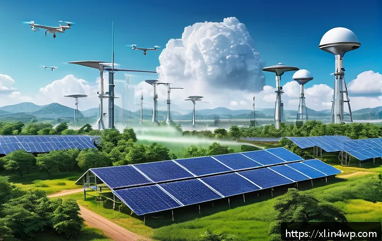 기후 엔지니어링의 윤리적 분석 기법 - A futuristic landscape illustrating climate engineering with large-scale solar radiation management ...