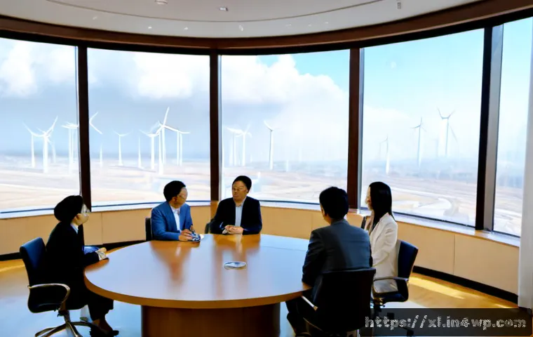 Home 17 기후 엔지니어링의 재정적 지원과 윤리적 선택 - Photorealistic climate engineering funding meeting in a modern glass-walled conference room, diverse...
